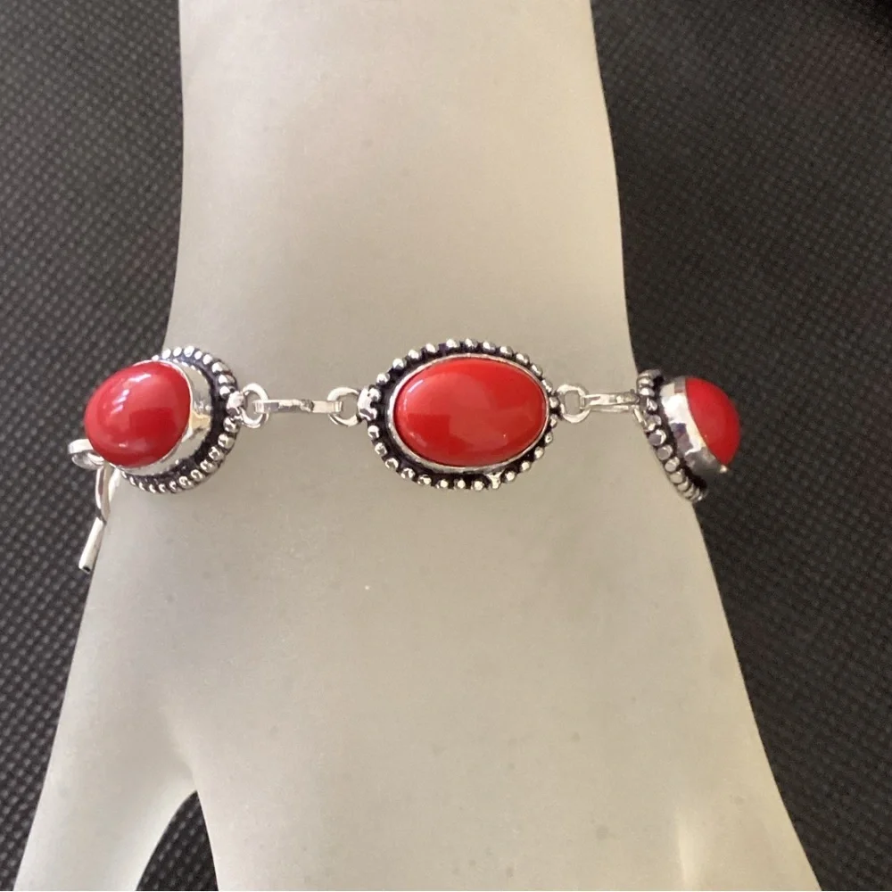 Sterling Silver 925 Coral Link Chain Bracelet - Picture 1 of 12